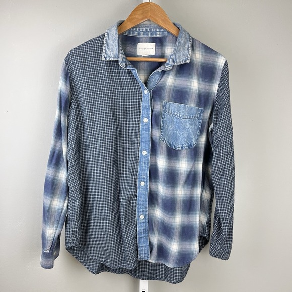 American Eagle Outfitters Shirt Top Womens S Blue Plaid Patchwork‎ Grunge Skater - Picture 2 of 6